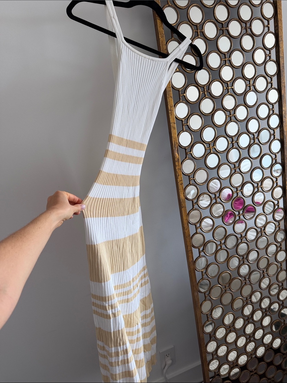 Sleeveless White and Tan Striped Ribbed Maxi Dress
